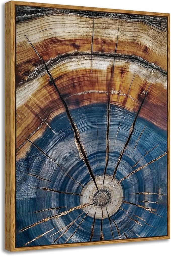 BingruiArt Framed Tree Ring Canvas Wall Art Abstract Wood Wall Decor Boho Modern Colorful Nature Painting Wood Stump Prints Pictures for Living Room Bedroom Bathroom Office 12"x16" Natural Framed(02)