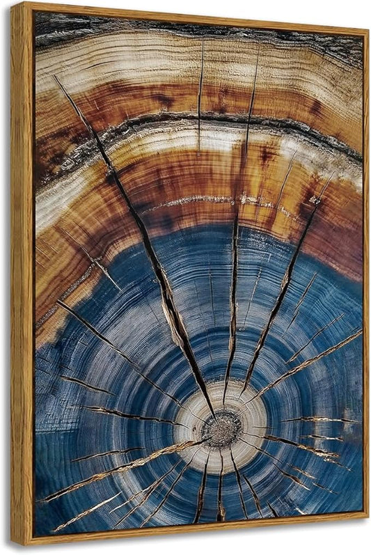 BingruiArt Framed Tree Ring Canvas Wall Art Abstract Wood Wall Decor Boho Modern Colorful Nature Painting Wood Stump Prints Pictures for Living Room Bedroom Bathroom Office 12"x16" Natural Framed(02)
