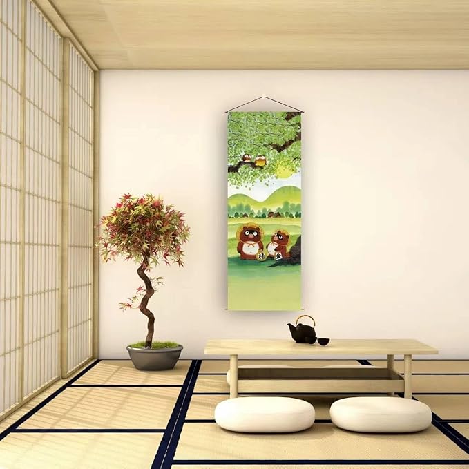 Japanese Tapestry Wall Art - Good Fortune Feng Shui & Lucky Symbols | W15.7xH47.2", Extra Long Vertical Hanging Decor for Bedroom, Living Room, Office | Washable Fabric (Lucky Raccoon) CTT-135
