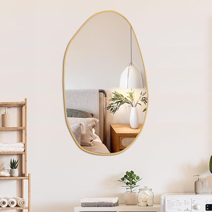 BOMINICA Irregular Wall Mirror Asymmetrical Mirror, Decorative Wall Mirror Golden Wood Framed, Wall Mounted Mirror for Bathroom Living Room Entryway Bedroom Hallway (Gold, 19.5" x 33.5")