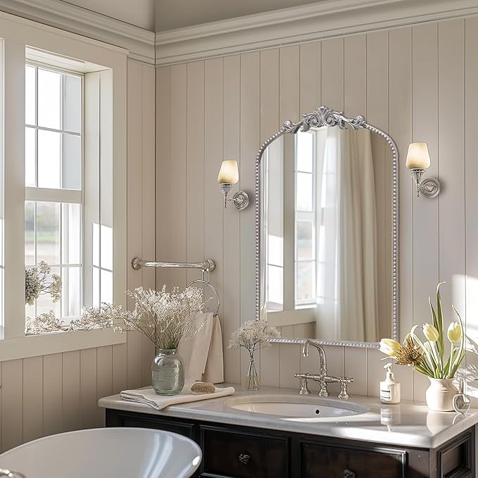 Antique Silver Arch Wall Mirror, 24"x36" Traditional Vintage Mantel Mirror with Ornate Metal Frame, Baroque Victorian Mirror for Fireplace/Entryway/Bathroom/Living Room/Hallway