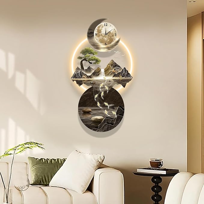LED Light Art Wall Decor, 3D Art Wall Decor Clock, Decors Walls Sculptures with Lights, Modern Home Decors Landscape Walls Sculpture, Plug-in Power Supply, Gold G, 19x39IN