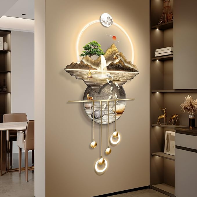 LED Light Decor Wall Art, 3D Art Wall Decor with Light, Decors Walls Sculptures Large 3D Art, Decors Walls Sculptures Lighting Modern, Plug-in Power Supply, Gold A, 23x53in