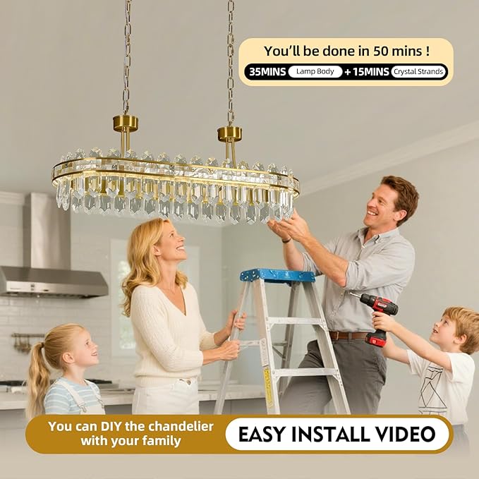 Modern Rectangle Led Crystal Chandelier for Dining Room - L31.5'' Gold 3 Color Stepless Dimmable Oval Chandelier,Luxury Long Linear Chandeliers for Living Room Kitchen Island with Remote Control