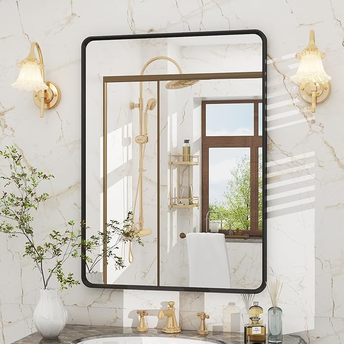 OKPAL 22X30 Inch Black Metal Framed Bathroom Mirror for Wall, Matte Black Rounded Rectangle Mirror, Black Bathroom Vanity Mirror for Farmhouse, Anti-Rust, Hangs Horizontally or Vertically