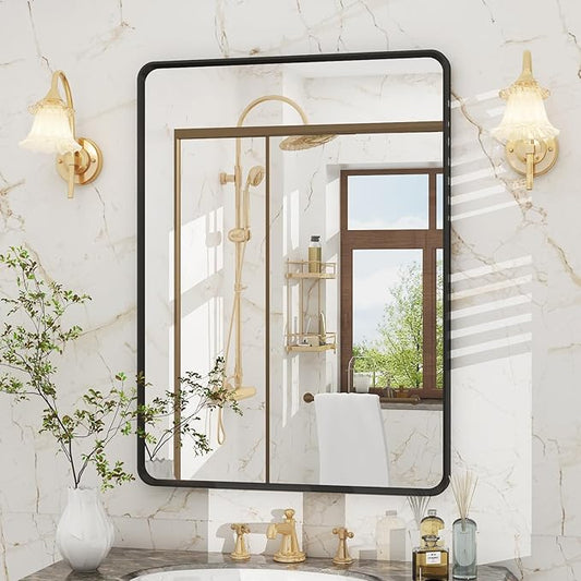 OKPAL 22X30 Inch Black Metal Framed Bathroom Mirror for Wall, Matte Black Rounded Rectangle Mirror, Black Bathroom Vanity Mirror for Farmhouse, Anti-Rust, Hangs Horizontally or Vertically