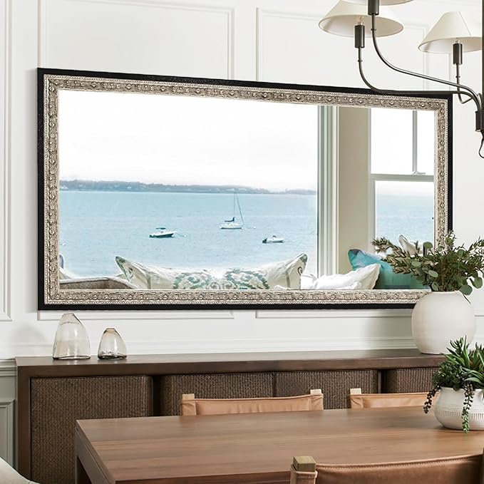 Black Large Vintage Wall Mirror Decor, 51.5"x28" Ornate Decorative Mirror with Silver Foil Carvings Wooden Frame, Handmade Aging, for Dining Room, Fireplace, Bathroom and Bedroom