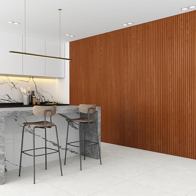 8-Pack WPC Wall Panels 108’’ x 6.3’’ 3D Slat Wall Panel Acoustic Wall Paneling for Interior Wall Decor TV Background Kitchen Bedroom Teak