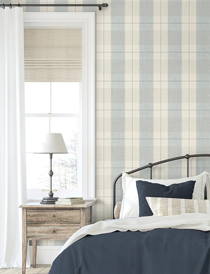 NextWall Lenox Hill Plaid Peel and Stick Wallpaper (Blue & Beige)