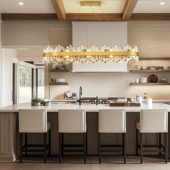 Modern Chandelier, 20-Lights 2 Tiers Gold Rectangular Chandeliers for Dining Room, 52'' Luxury K9 Raindrop Crystal Chandeliers, Adjustable Kitchen Island Chandelier for Living Room, Foyer Entryway