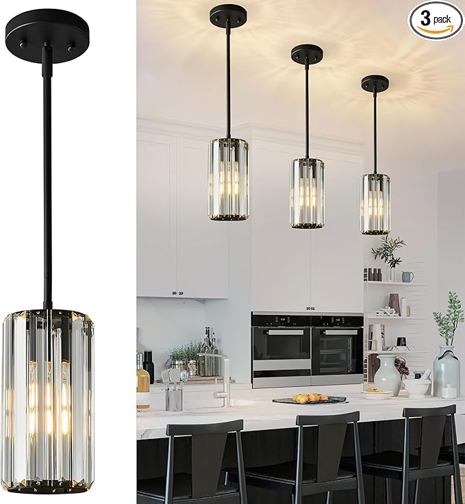 Black Pendant Lighting Modern Pendant Light Mini Crystal Chandeliers Adjustable Pendant Light Fixture for Kitchen Island Dinning Room Corridor Bedroom(Black 3-Pack)