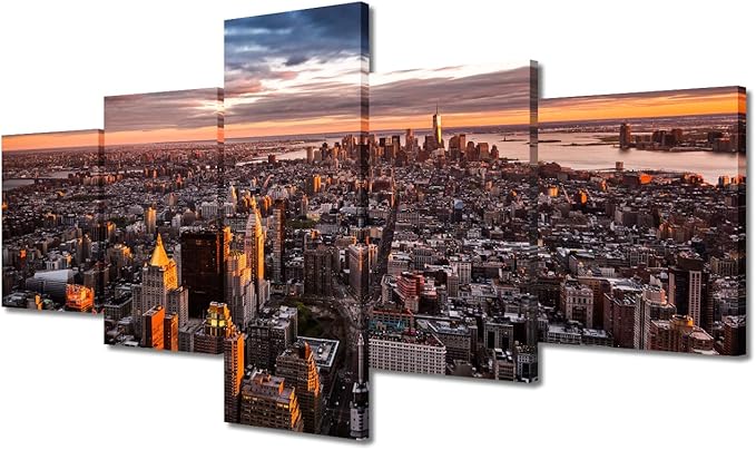 5 Panel City View Canvas Wall Art Manhattan Skyline Wall Decor for Living Room City Panorama Pictures Home Decorations for Living Room Print on Canvas Stretched and Framed Ready to Hang (50"Wx24"H)