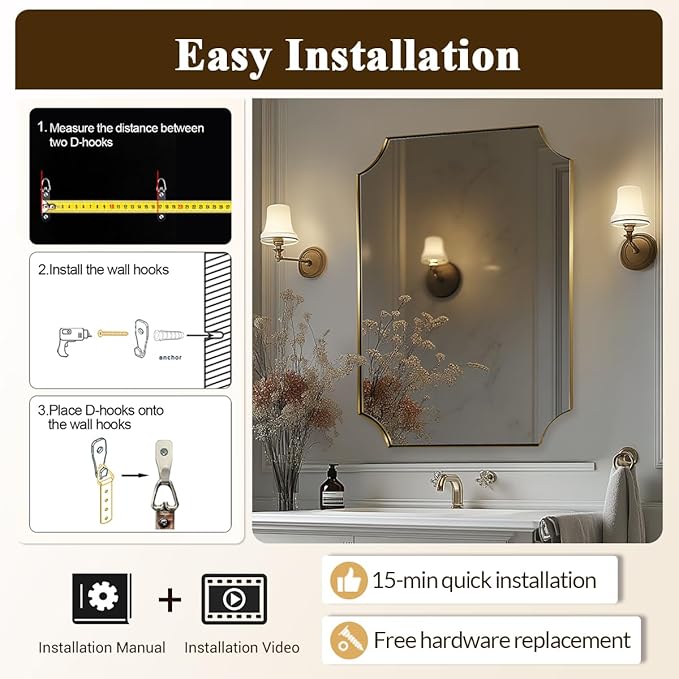 30x40 Inch Gold Scalloped Mirror, Large Bathroom Vanity Mirror with Stainless Steel Metal Frame, Anti-Rust, Shatterproof HD Glass, Unique Irregular Mirror for Bathroom, Bedroom, Living Room