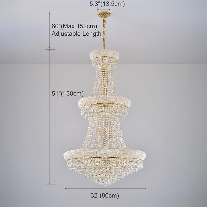 31 Lights Gold Finish Large Empire Crystal Chandelier - Three-Tier, High Ceiling Chandelier Light fixtures for Foyer Staircase Living Room Entryway (Dia 32'')