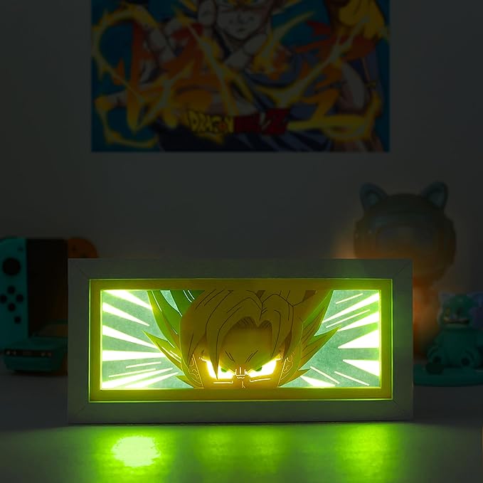 Anime LED Light Box, Manga Shadow Box Frame, Paper Cut, Table Lamp for Anime Enthusiasts, RGB Multi Color, Night Light for Room Decor, Unique Anime Desk Decor (Super Saiyan)