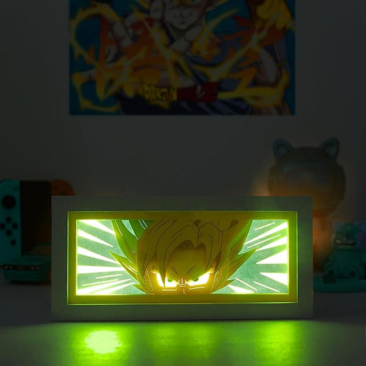 Anime LED Light Box, Manga Shadow Box Frame, Paper Cut, Table Lamp for Anime Enthusiasts, RGB Multi Color, Night Light for Room Decor, Unique Anime Desk Decor (Super Saiyan)
