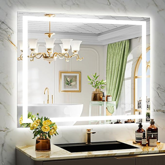 44x36 Inch LED Bathroom Mirror with Lights Front and Backlit Lighted Vanity Mirror for Bathroom Wall with 3 Colors Dimmable Anti-Fog Memory Shatter-Proof IP54 Waterproof Horizontal/Vertical