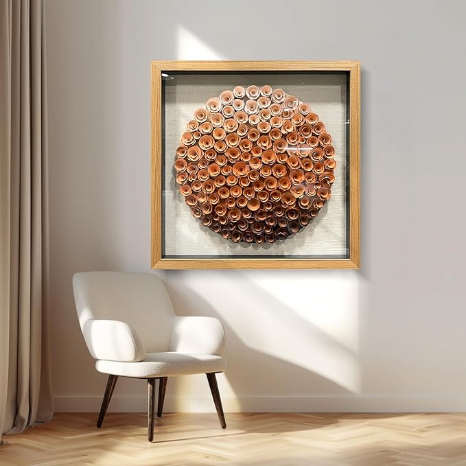 BrightA Natural Wood Paper Cylinder Wall Art Brown Gradient Color Circular Design with Earthy Tones Framed Artwork Modern Minimalist Home Decor for Living Room 23.6"x23.6"