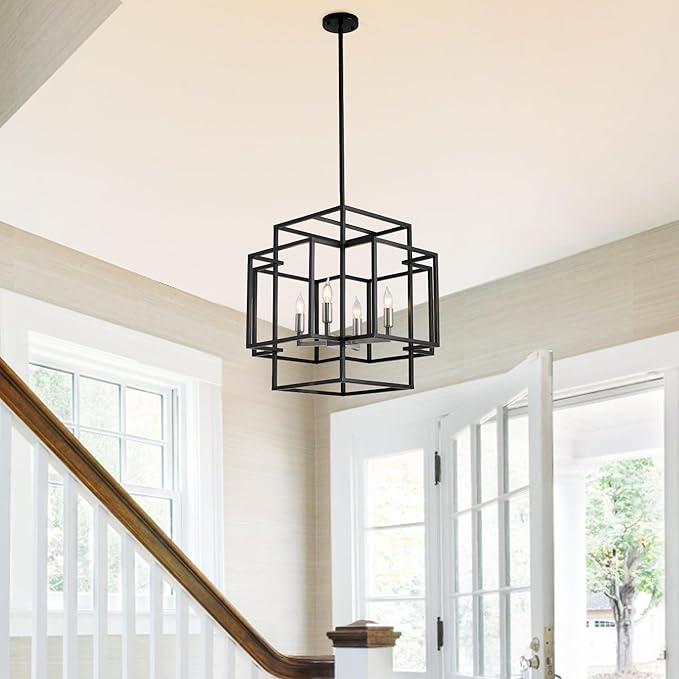 4-Light Metal Lantern Tiered Pendant Hanging Light Fixtures, Industrial Farmhouse Chandeliers for Entryway, Dinning Room Chandelier for Kitchen Island Foyer Hallway, Black & Brushed Nickel