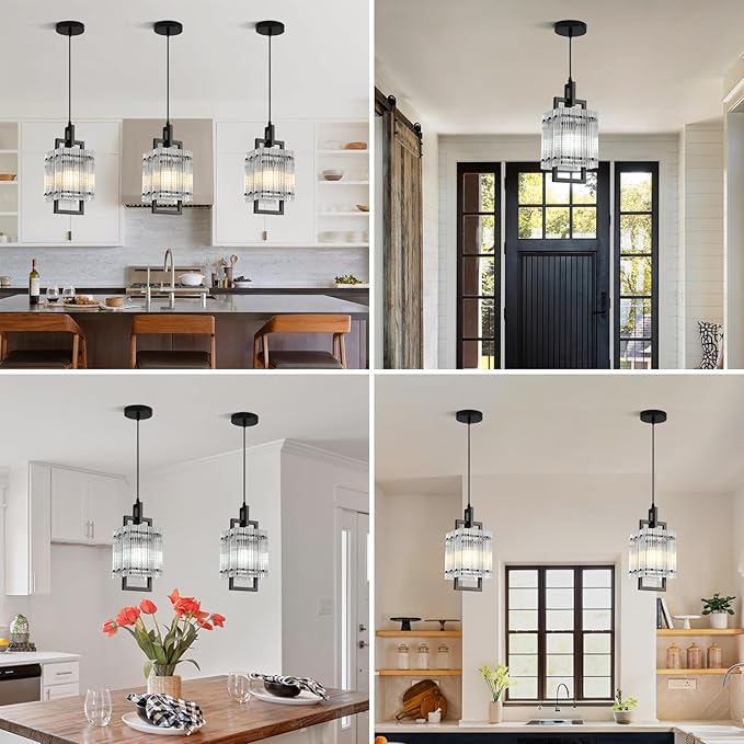 Modern Pendant Light Fixtures with Clear Glass Matte Black Pendant Lights Kitchen Island Adjustable Square Hanging Pendant Lighting for Dining Room Over Sink Hallway 2 Pack 12 inches