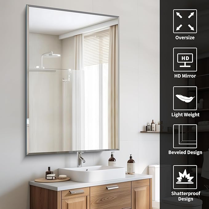 Beveled Bathroom Mirror, 55x36 Inch Large Frameless Mirrors for Over Sink, Upgraded Shatterproof Beveled Vanity Mirror for Bathroom,Bedroom,Living Room and Entryway