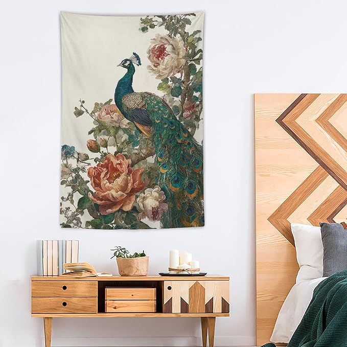 UUKXKUU Peacock Oriental Retro Blooming Flowers Tree Tapestry Flag Backdrop Wall Hanging Large Wall Art Decor for Dorm Office Bedroom Living Room 40"×60"