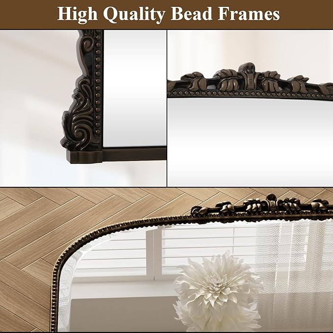 40x28 Beaded Arched Mirror, Bathroom Mirror for Over Sink, Metal Frame Wall Decor for Entryway, Bedroom, Living Room, Bronze