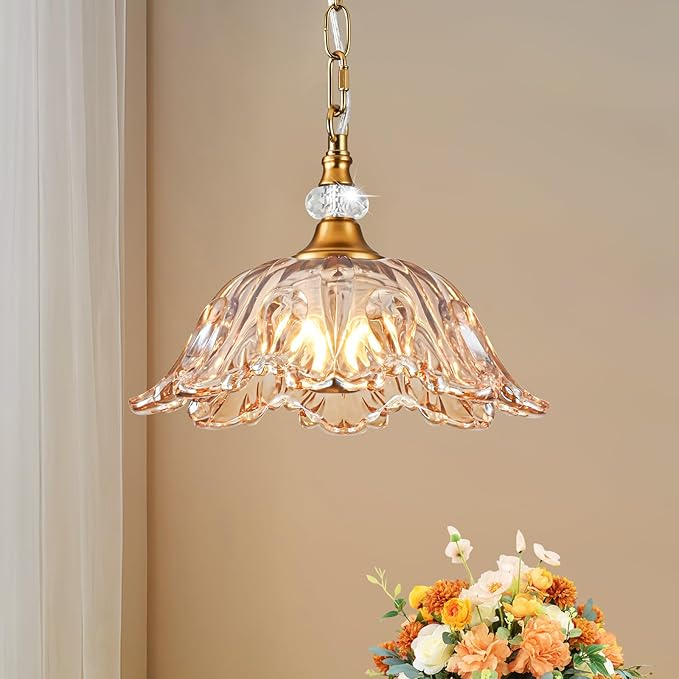 1 Piece Vintage Chandelier Light Fixture with Amber Glass Shade,Matte Antique Brass Finish Pendant Light,Hanging Light for Dining Room,Hallway,Living Room,Bedroom