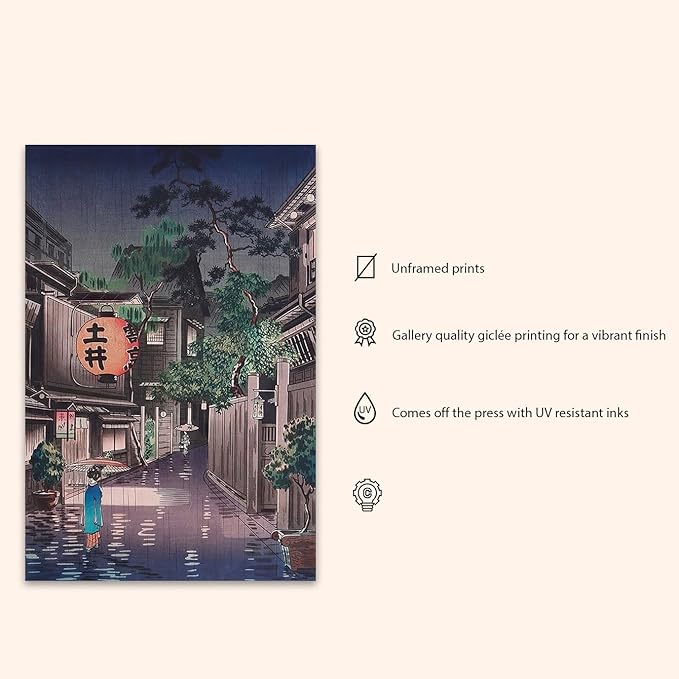 OZCONO Japanese Street Scene Art Print, Vintage Evening Cityscape, UV-Resistant Giclée Wall Decor, Unframed (18L x 12W)
