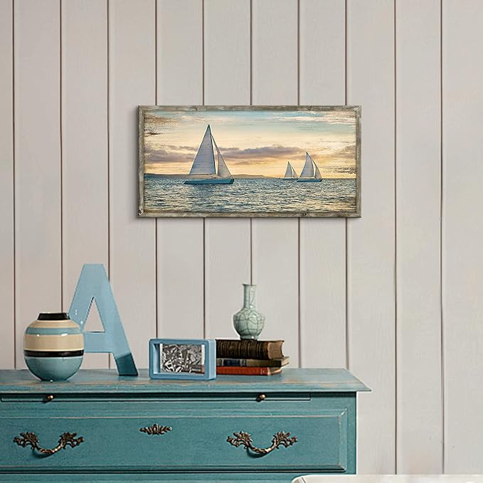 Coastal Framed Wooden Wall Art: Ocean Painting Art Sail Boats Artwork Decor Sunset Seascape Picture Prints for Bedroom 24"x12"