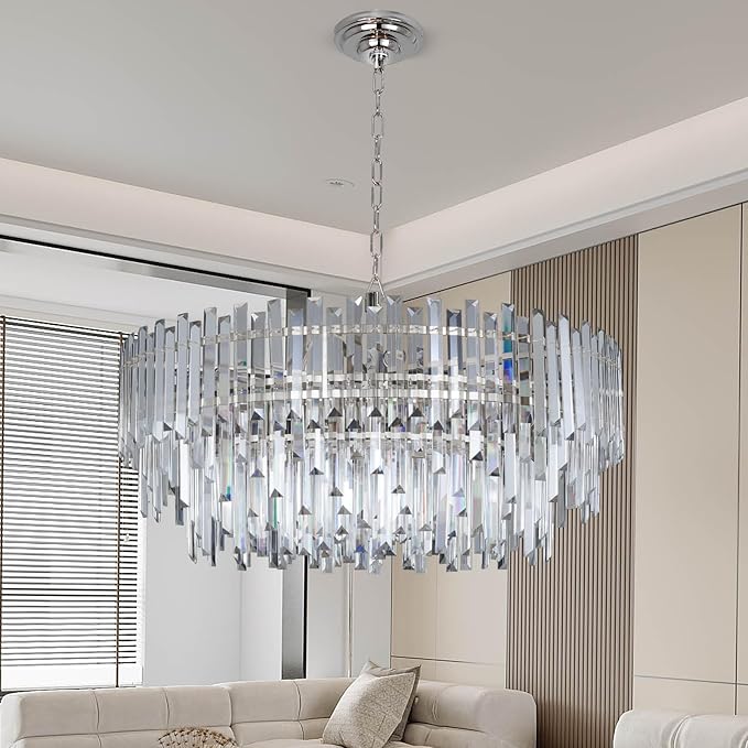31.5" Modern Crystal Chandelier, 3-Tier Chrome Pendant Light with 13 Lights, Luxury K9 Crystal Ceiling Fixture for Dining Room Living Room Foyer