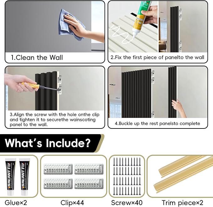 10Pack WPC Slat Wall Panels, 96 x 6.4 x 0.8Inches 3D Accent Wall Panels for Interior Home Decor, Fluted Wood Paneling for Living Room, TV Background, Office, Bedroom (Matte Black)