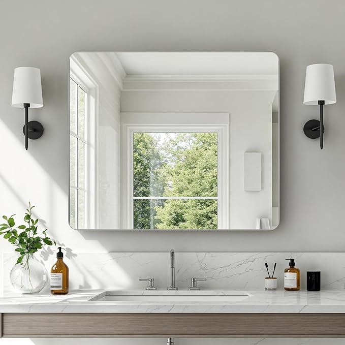 36x30"Bathroom Vanity Mirror for Wall, Aluminum Framed, Farmhouse Rectangle, Anti-Rust, HD Reflection Anti-Desilvering, Distortion Free, Tempered and Shatter-Proof Wall Mounted Mirror, Silver