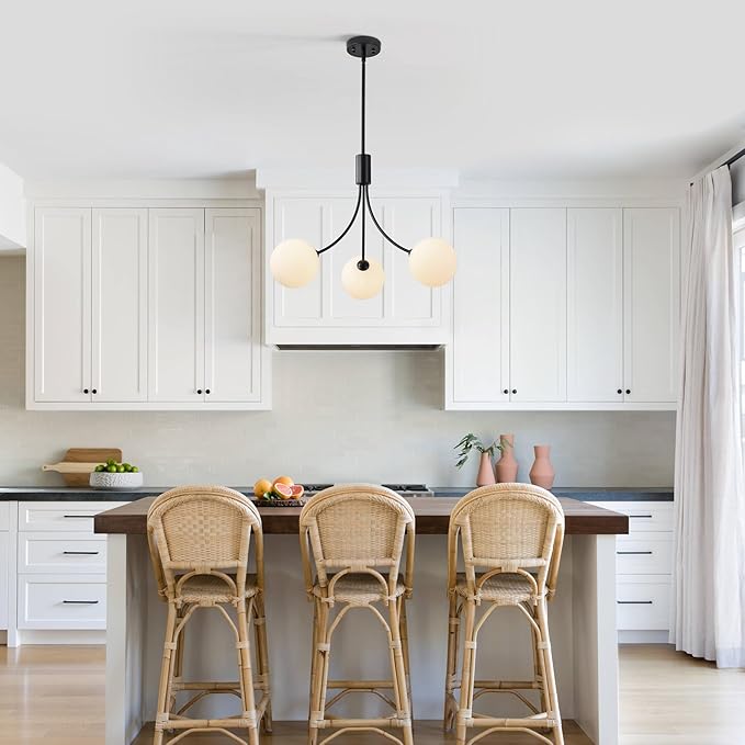 3-Light Modern Farmhouse Black Chandeliers for Entryway, Mid Century Milk Globe Sputnik Chandelier, Vintage Pendant Lighting for Kitchen Island Dining Room Foyer Bedroom Bathroom