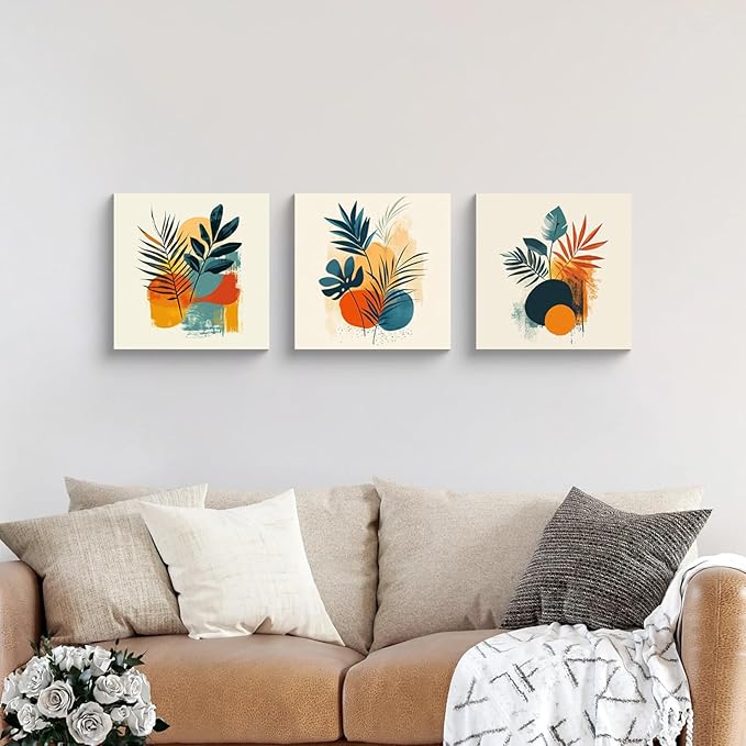 NAN Wind 3Pcs Tropical Leaf Wall Art Palm Frond and Foliage Canvas Print with Bold Orange Teal Yellow Shapes Mid-Century Modern Botanical Plant Pictures for Boho Living Room Bedroom Office Wall Decor