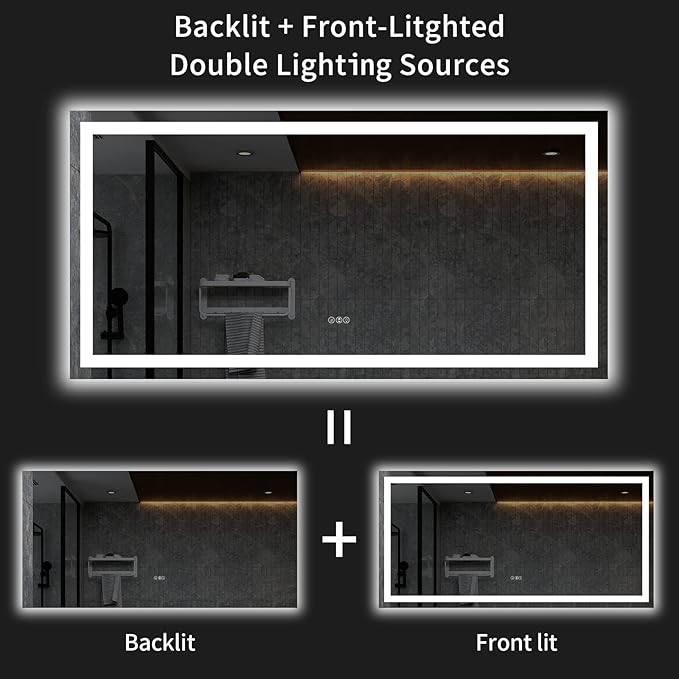 LOAAO 72X36 LED Bathroom Mirror with Lights, Anti-Fog, Dimmable, Backlit + Front Lit, Lighted Bathroom Vanity Mirror for Wall, Memory Function, Tempered Glass, ETL Listed