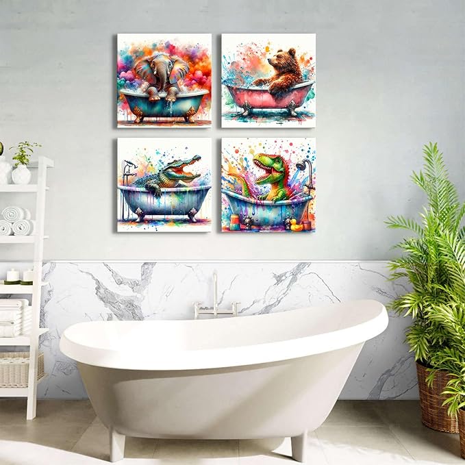 Kids Bathroom Funny Animals Wall Art Watercolor Elephant Dinosaur in Bathtub Pictures Canvas Prints Cute Bear Crocodile Shower Painting Framed Artwork Toddler Nursery Playroom Home Decoration 16x16”4P
