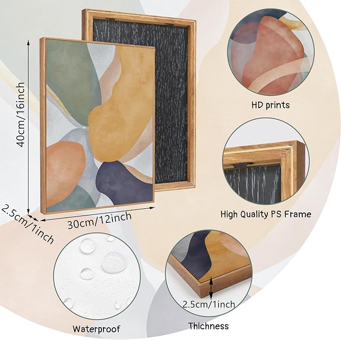 LHIUEM Large Abstract Neutral Framed Canvas Wall Art Set of 3(12”X16”)Colorful Watercolor Block Wall Art Colorful Office Decor Boho Geometric Illustrations Artwork for Living Room Bedroom Dining Room