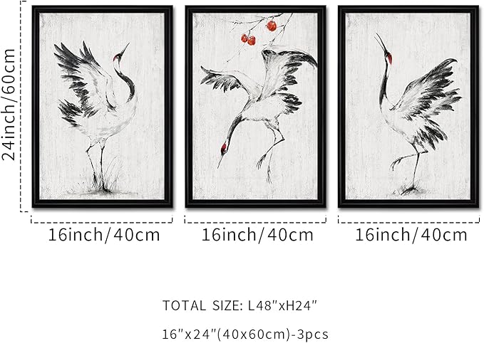 KREATIVE ARTS Black and White Chinoiserie Wall Art Set of 3 White Crane and Persimmon Tree Chinese Painting on Canvas with Frame for Bedroom Living Room Minimalist Oriental Decor Each 16x24 Inch