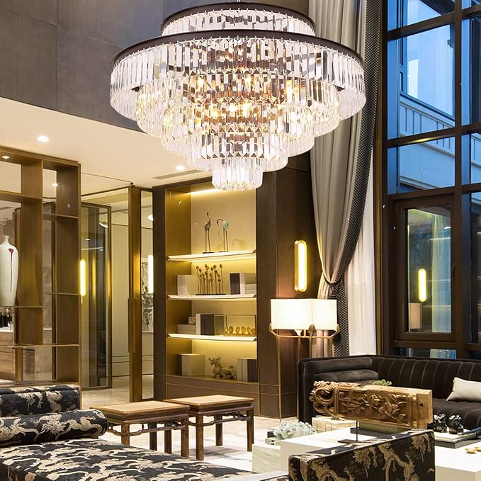 31" Black Crystal Chandelier, Modern 6-Tier Ceiling Light with Clear Crystal Prisms, Luxury Pendant Lighting for Dining Room Entryway