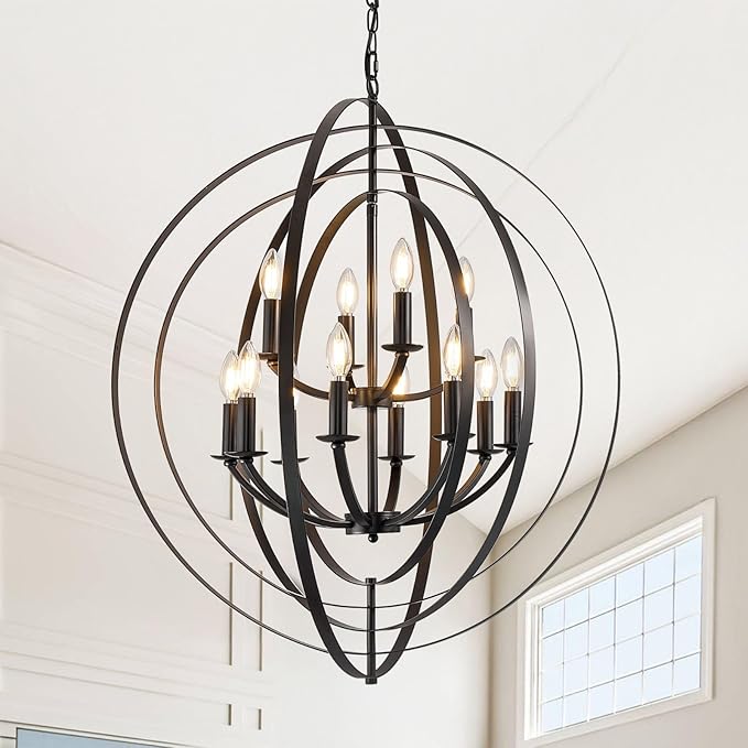 Black Chandelier, 12-Light Farmhouse Chandelier for Entryway, 31.5" Round Pendant Light Fixtures, Industrial Foyer Lighting Fixtures, Large Chandeliers for High Ceilings, for Living Room, Staircase