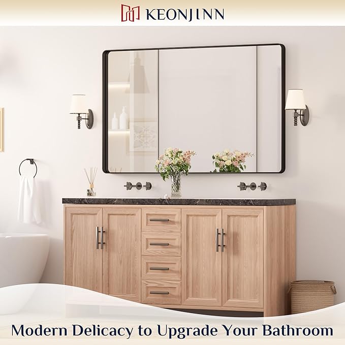 Keonjinn Black Bathroom Mirrors for Over Sink, 48” x 30” Large Rounded Rectangle Bathroom Vanity Mirror, Matte Black Modern Decorative Wall Mirror, Anti-Rust, HD Tempered Glass(Horizontal/Vertical)