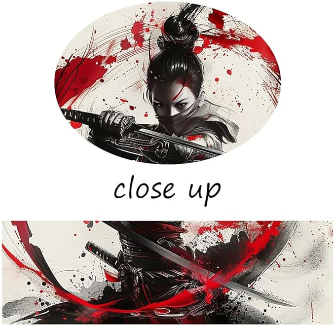 Japanese Female Samurai Wall Art Woman Fight Painting Canvas Prints Red Warrior Pictures Bushido Poster for Bedroom Classroom Dorm Living Room Aesthetic Decor Framed (28''W x 44''H)