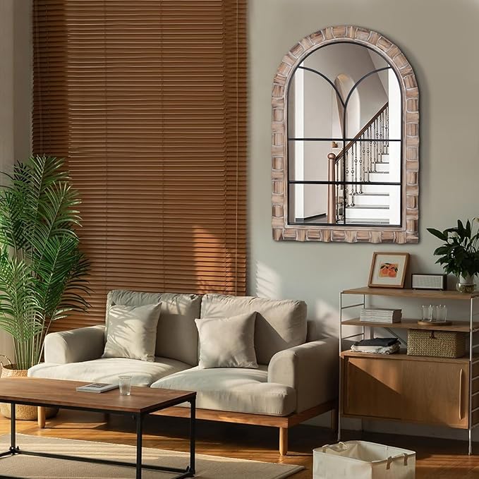 36x24 inches Dark Wood Arched Mirrors for Wall, Farmhouse Decorative Arch Mirror for Bedroom, Living Room, Bathroom, Entryway - Hanging or Leaning