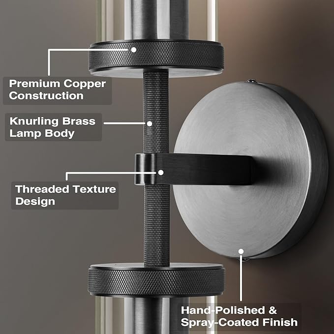 Black Wall Sconce, 30" Modern Knurled Wall Lighting with 2 Clear Glass Tubes, Double Vanity Light Fixture, Bathroom Wall Lamp, Bedroom, Living Room, Hallway Lighting, Hardwired (Including Bulb)