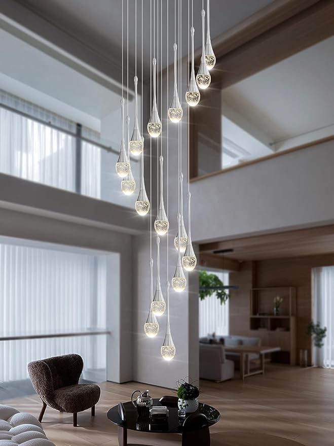 Adjustable 120'' Long Raindrop Crystal Pendant Chandelier 16Lights Silver Staircase Chandeliers High Ceiling Chandelier Loft Slanted Ceiling Fixtures LED Dimmable 2700-6000k