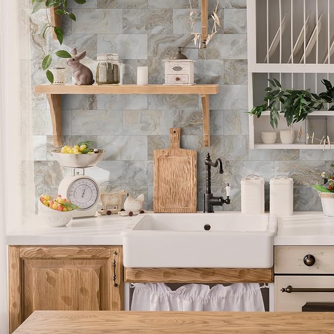 16-Pack Peel and Stick Marble Wall Tiles, Waterproof 4" x 8" Glossy Imitation Amber Glow Marble, PVC Shower Wall Panels for Kitchen, Bathroom, and Fireplace