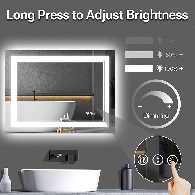 48x36 Inch Bathroom Mirror LED with Lights, Backlit and Front Lighted Anti-Fog Dimmable Memory Lighted Bathroom Vanity Mirror, Large Led Mirror for Bathroom