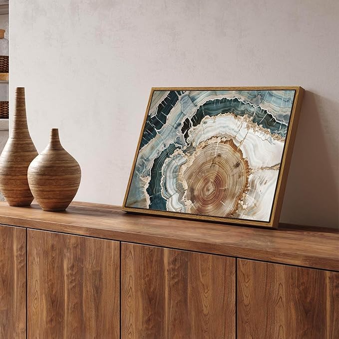 BingruiArt Framed Tree Ring Canvas Wall Art Abstract Wood Wall Decor Boho Modern Colorful Nature Painting Wood Stump Prints Pictures for Living Room Bedroom Bathroom Office 12"x16" Natural Framed(06)