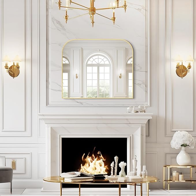 Modern Large Wall Mirror, Modern Mantel Minimalist Home Decor, Brushed Gold Metal Framed Arched Mirror for Living Room, Bedroom, Fireplace, Mantle, Entryway, Bathroom, 36" x 30", Gold
